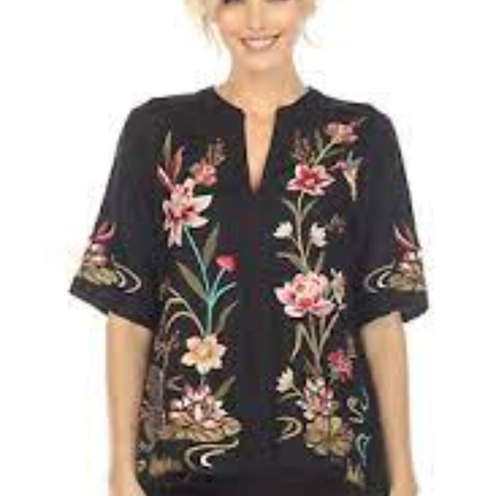 NWT Johnny Was PLUS   Maisie Linen Top 1x (14-16) Black